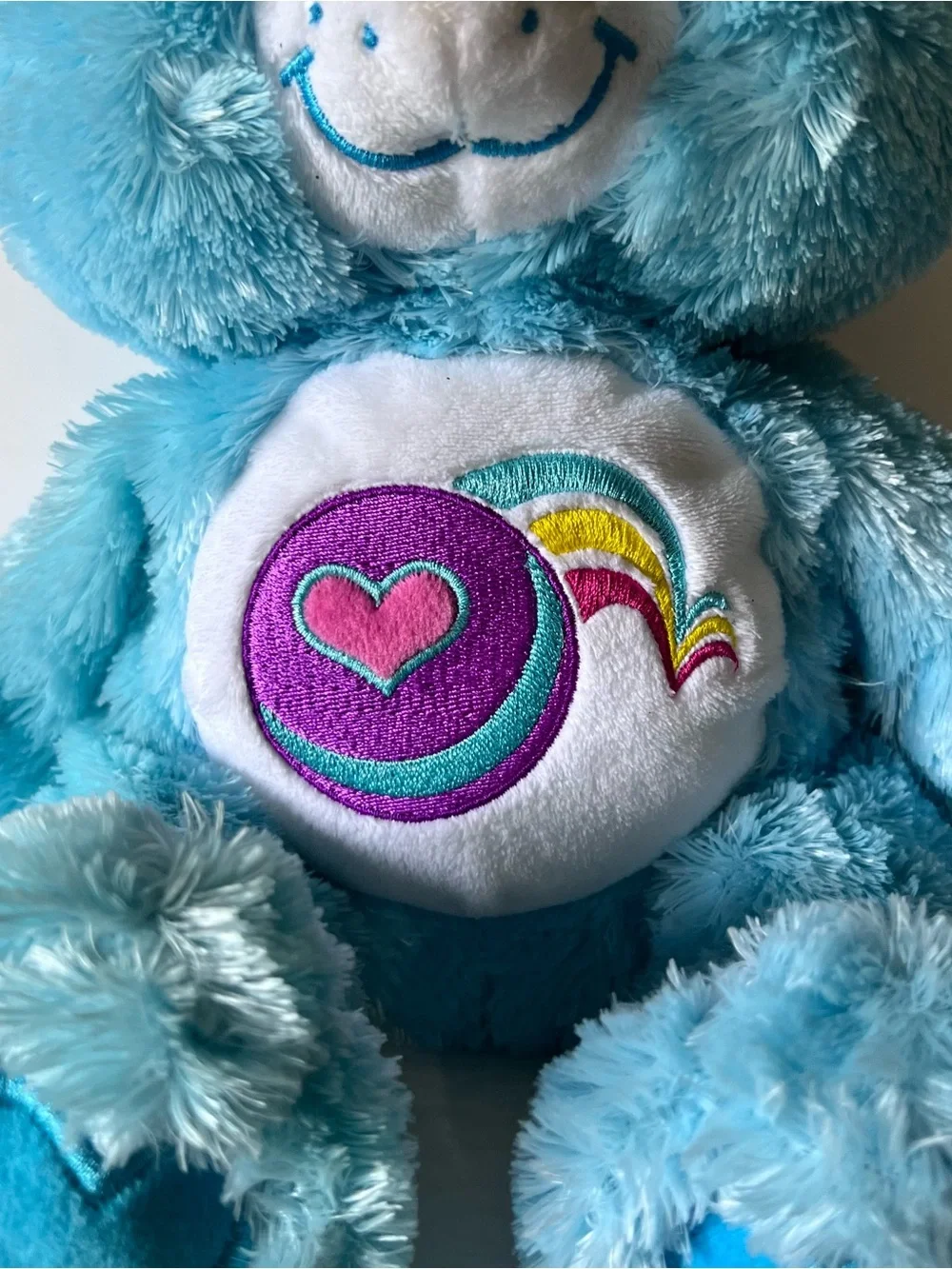 Vintage 2005 Care Bear Play-A-Lot Fluffy & Floppy 12” Blue Bear Ball & Rainbow